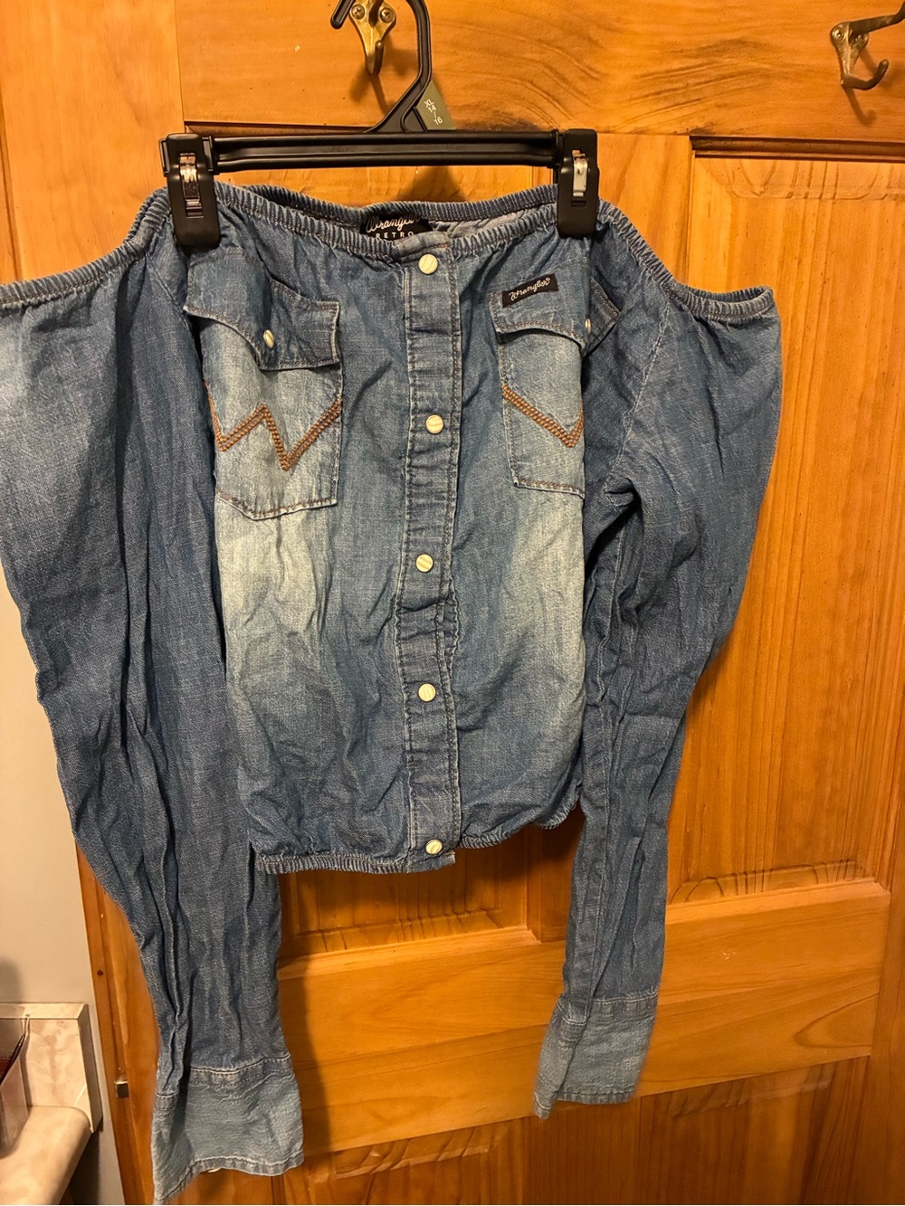 Wrangler Off-Shoulder Denim Button-Up Top in Light Blue